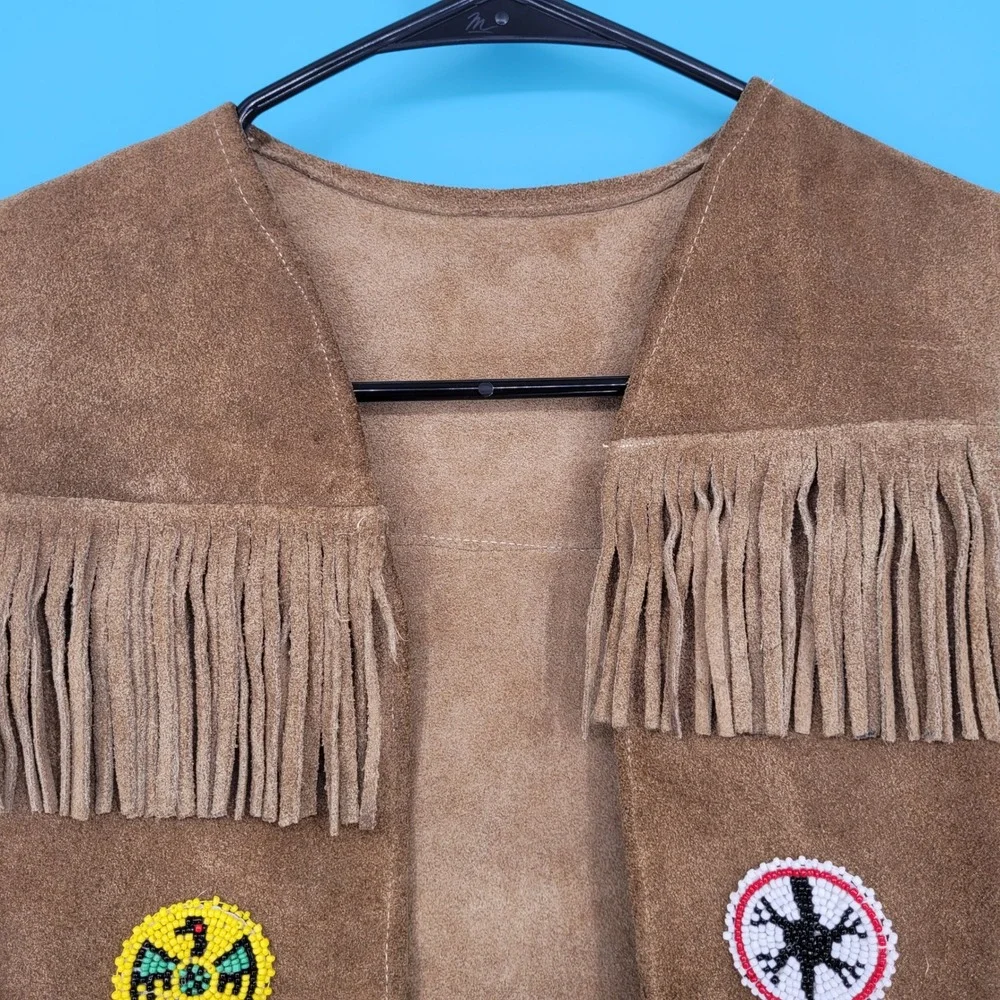Vintage Western Suede Leather Fringe Vest Youth Beaded Native Style Patch Brown